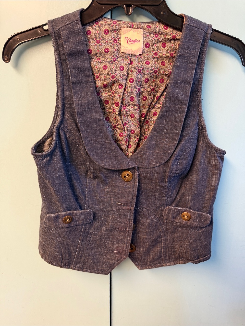 Vintage Candie's Blue Denim-Style Vest with Patterned Lining